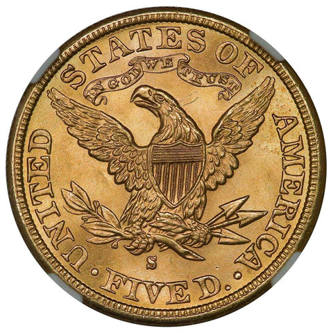 1886-S $5 Liberty Head Gold Coin - NGC MS 65+ - Superior Gem