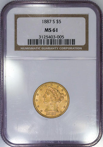 1887-S $5 Liberty Head Gold Coin - NGC MS 61 - Brilliant Uncirculated