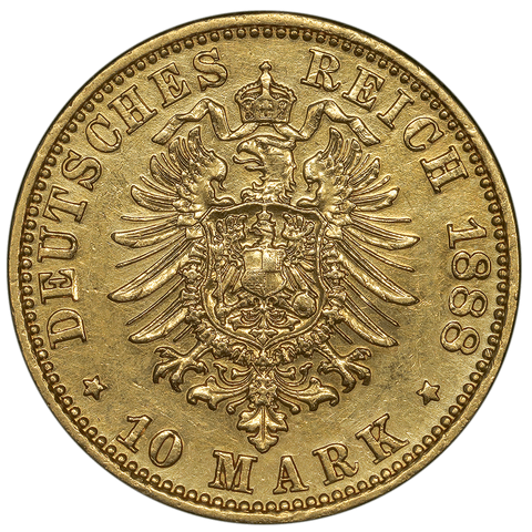 1888-A Friedrich German States \ Prussia Gold 10 Mark KM.514 - About Uncirculated+