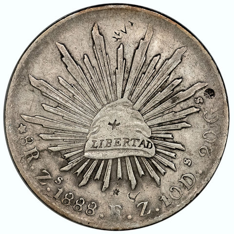 1888-ZsFZ Mexico Mint Cap & Rays 8 Reales - KM.377.13 - Very Fine (Chop Marks)