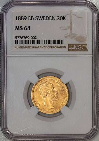 1889 EB Sweden, Oscar II  Gold 20 Kronor KM. 748 - NGC MS 64