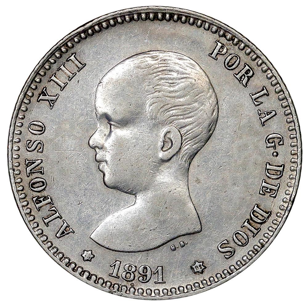 1891 PG-M Spain Silver Pesata KM.691 - XF/AU Details (cleaned)