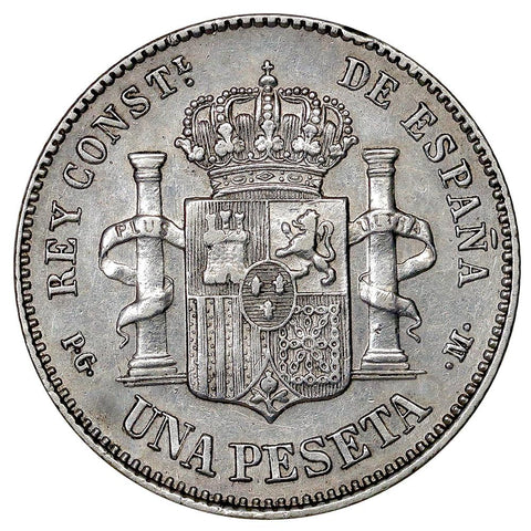 1891 PG-M Spain Silver Pesata KM.691 - XF/AU Details (cleaned)