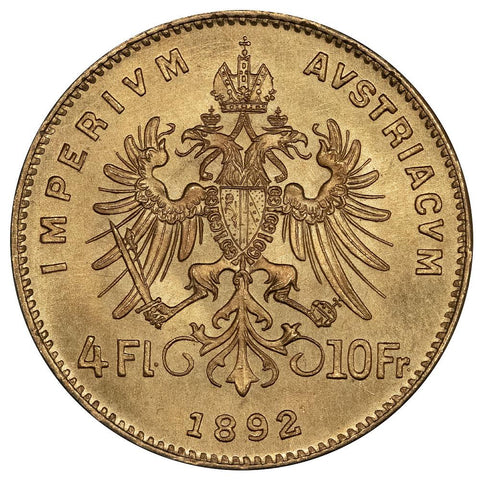 1892 Austria Gold 10 4 Florin 10 Francs Fr. 2260 - Brilliant Uncirculated