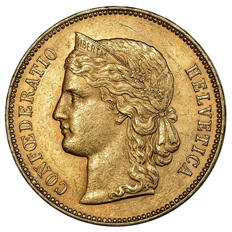 1892-B Swiss Helvetia 20 Francs Gold - About Uncirculated