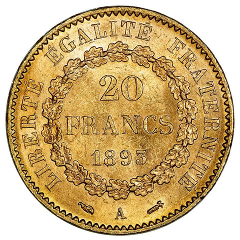 1893 French Gold 20 Franc Angel KM.825 - About Uncirculated