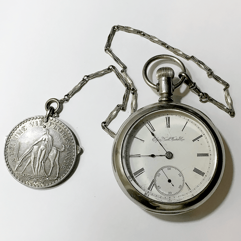 1893 Elgin Silveroid Pocket Watch - 11 Jewel, Model 5, Grade 74, Size 18s with Chain & Fob