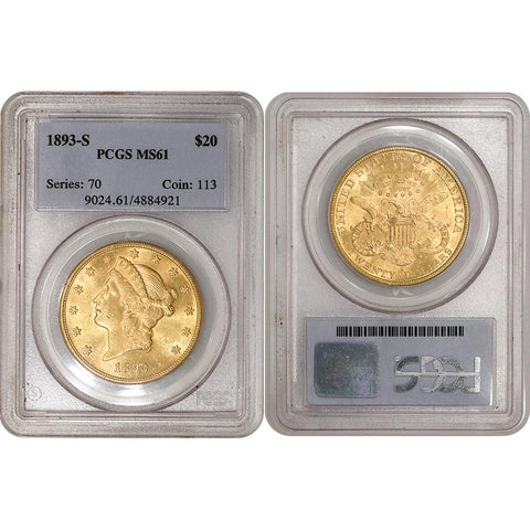 1893-S $20 Liberty Double Eagle Gold Coin - PCGS MS 61 - Brilliant Uncirculated