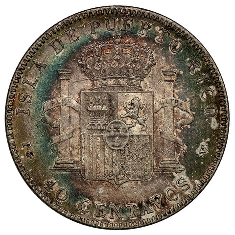 1896 Puerto Rico Silver 40 Centavos KM. 23 - XF+ (Pretty Reverse!)