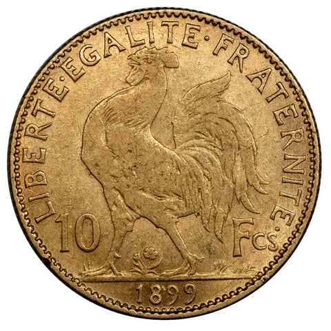 1899 France Rooster 10 Franc Gold Coin KM. 846 - Fine/Very Fine