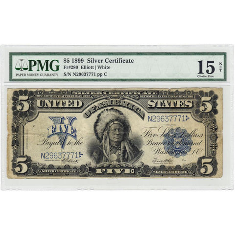 1899 $5 Oncpapa Indian Chief Silver Certificate Fr.280 - PMG Choice Fine 15 NET