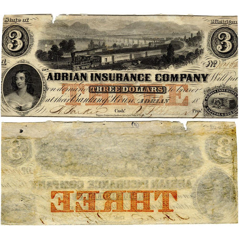 18__ $3 Adrian Insurance Company, Michigan Obsolete Bank Note - Net Fine