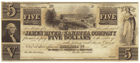 18__ $5 James River & Kanawha Co. Richmond, VA ~ Jones PR60-468 ~ Uncirculated