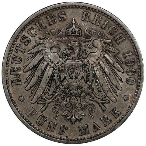 1900-A German States, Prussia Silver 5 Marks KM.523 - Very Fine
