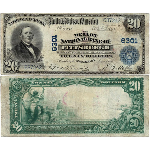 1902 Plain Back $20 Mellon National Bank of Pittsburgh, PA Charter 6301 - Very Fine