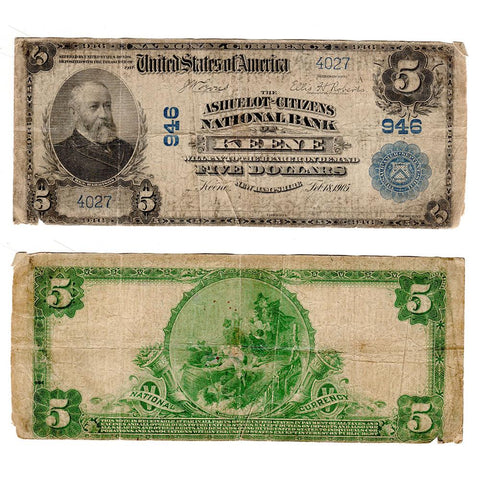 1902 PB $5 Ashuelot-Citizens National Bank of Keene, NH Charter 946 - Very Good