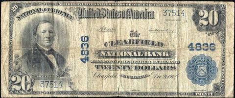 1902 Plain Back $20 Clearfield National Bank, PA Charter 4836 ~ Net VG/Fine