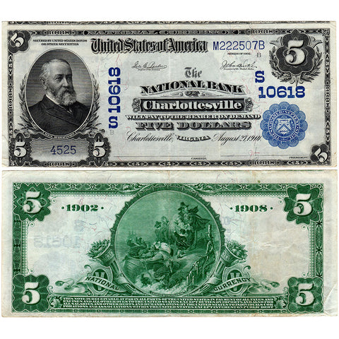 1902 DB $5 National Bank of Charlottesville, VA 10618 - Choice Very Fine+