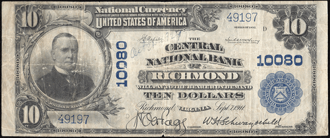 1902 Plain Back $10 Central National Bank of Richmond, VA Charter 10080 - Very Fine Details