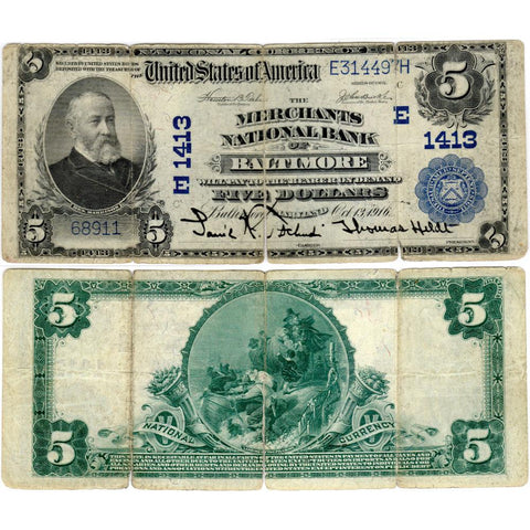1902 PB $5 Merchants National Bank of Baltimore, MD Charter 1413 - Fine (Splits)
