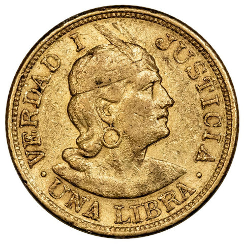 1903 Peru Gold Libra KM.207 (.2355 AGW) - Very Fine