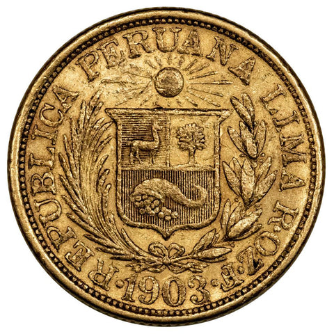 1903 Peru Gold Libra KM.207 (.2355 AGW) - Very Fine