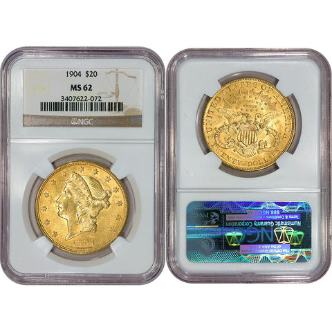 1904 $20 Liberty Double Eagle Gold Coin - NGC MS 62 - Brilliant Uncirculated