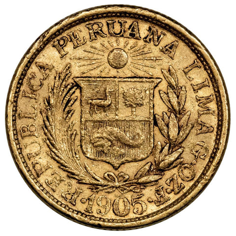 1905 Peru Gold Libra KM.207 (.2355 AGW) - Very Fine