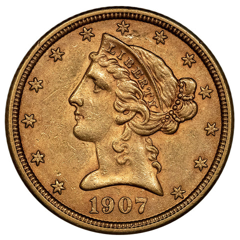 1907 $5 Liberty Head Gold Coin - About Uncirculated
