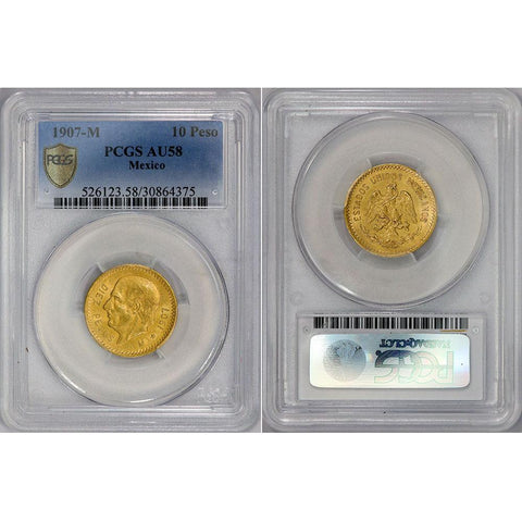 1907 Mexico 10 Peso Gold Coin KM. 473 - PCGS AU 58