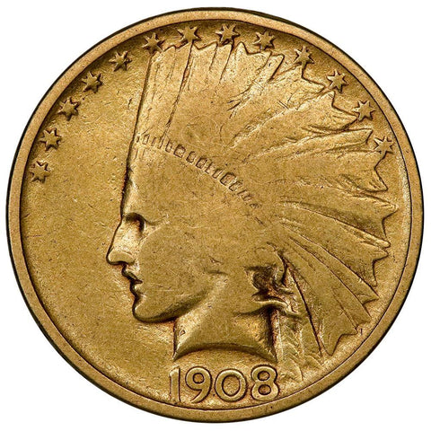 1908 No Motto $10 Indian Gold Coin - G/VG Obv./Fine Reverse
