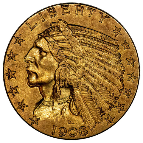 1908 $5 Indian Half Eagle Gold Coin - About Uncirculated