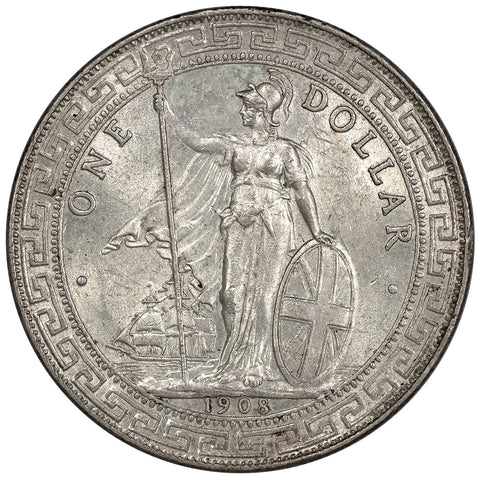 1908-B British Silver Trade Dollar KM.T5 - AU Details (Cleaned)