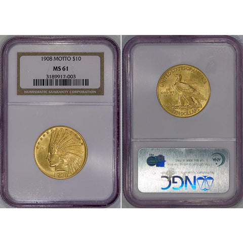 1908 No Motto $10 Indian Gold Coin - NGC MS 61