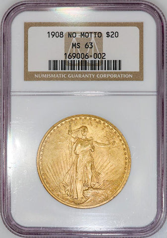 1908 No Motto $20 Saint Gauden's Double Eagle - NGC MS 63