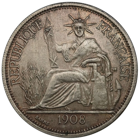 1908 French Indo-China Silver Piastre KM.5a.1 - Extremely Fine+