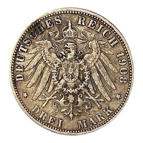 1908 German States, Prussia Silver 3 Marks KM.527 - Very Fine