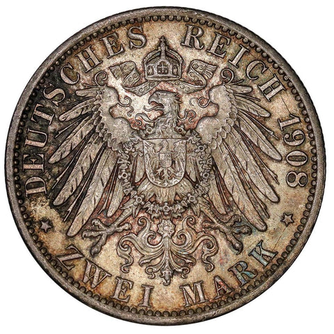 1908 German States, Saxe-Weimar-Eisenach Silver 2 Marks KM.219 - Extremely Fine