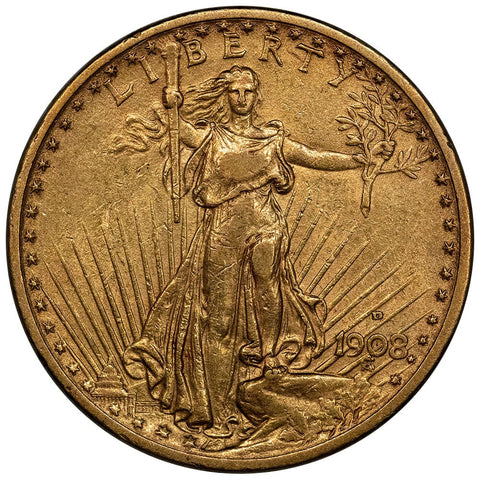 1908-D Motto $20 Saint Gaudens Double Eagle Gold Coin - About Uncirculated
