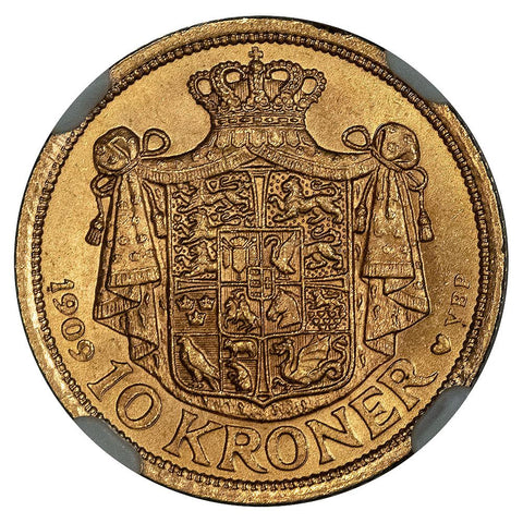 Denmark 1909(h) VBP GJ 10 Kroner Gold - KM.809 - NGC MS 64