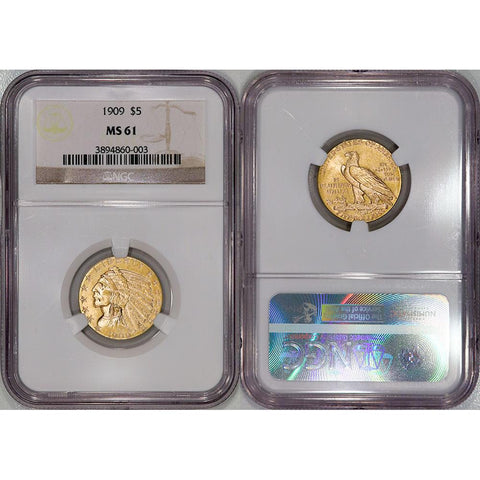 1909 $5 Indian Half Eagle Gold Coin - NGC MS 61 - Uncirculated