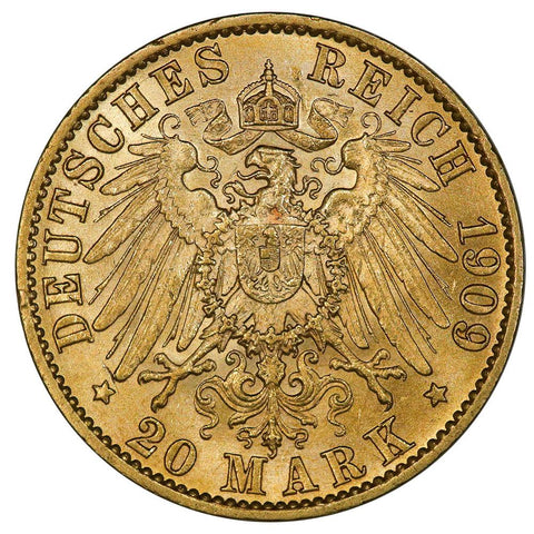1909-A German States, Prussia Gold 20 Mark KM.521 - About Uncirculated+