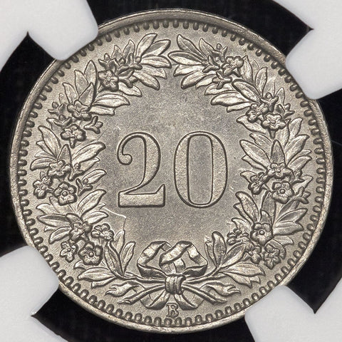 1909-B Switzerland Nickel 20 Rappen KM.29 - NGC MS 64