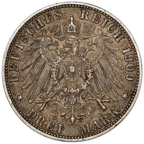 1909-F German States, Wurttemberg Silver 3 Mark KM.635 - Very Fine+
