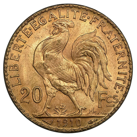 1910 French Gold 20 Franc Rooster KM.857 - About Uncirculated