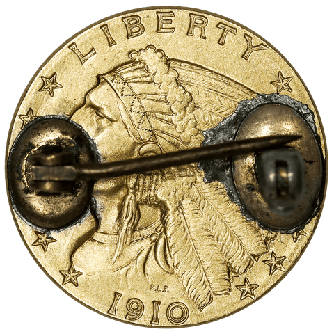 1910 $2.5 Indian Quarter Eagle Gold Coin Pin - About Uncirculated+ Details