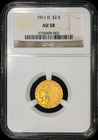 Key-Date 1911-D $2.5 Indian Gold Quarter Eagle - NGC AU 58