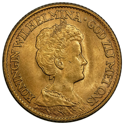 1912 Netherlands Wilhelmina 10 Gulden Gold Coin - About Uncirculated