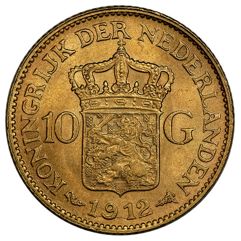 1912 Netherlands Wilhelmina 10 Gulden Gold Coin - About Uncirculated