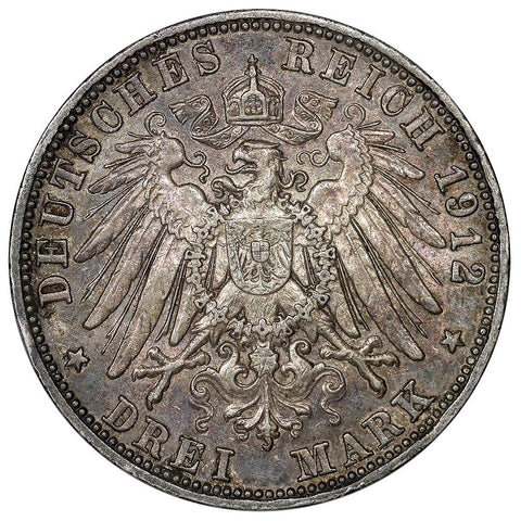 1912-D German States, Bavaria Silver 3 Marks KM.996 - Very Fine